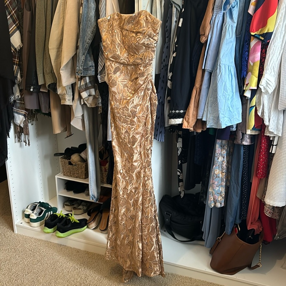 Gold strapless gown- stunning wedding guest dress